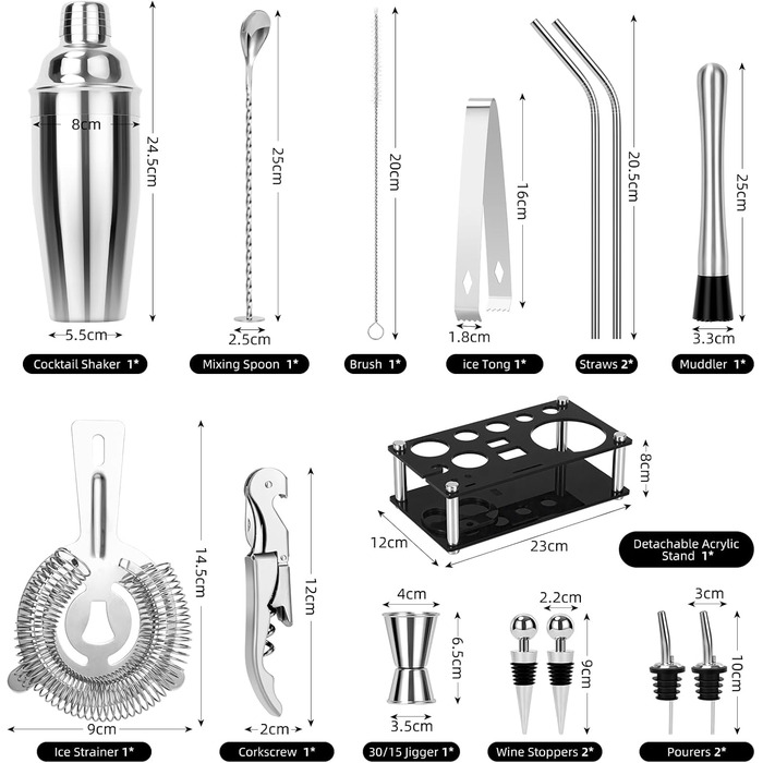 Набор для коктейлей из нержавеющей стали 15 предметов Cinnani