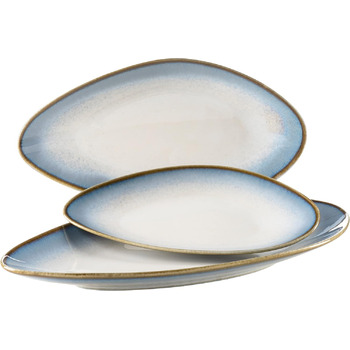 Набор современной посуды на 4 персоны с уникальной формой и цветовым градиентом от кремово-белого, 16 предметов в винтажном стиле, керамогранит (сервировочные тарелки, синий), 931991, La Sinfonia