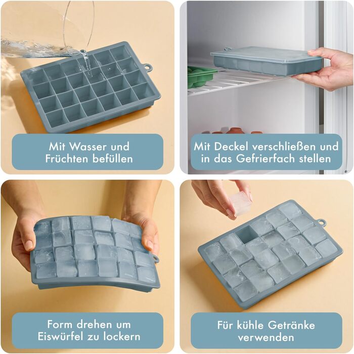Силіконові формочки для льоду Blumtal, набір з 3 шт. - форма для льоду на 24 кубики з кришкою - силіконова форма для льоду без бісфенолу А - безпечна для харчових продуктів - форма для льоду - сіро-блакитний сіро-блакитний світло-блакитний сіро-блакитний 
