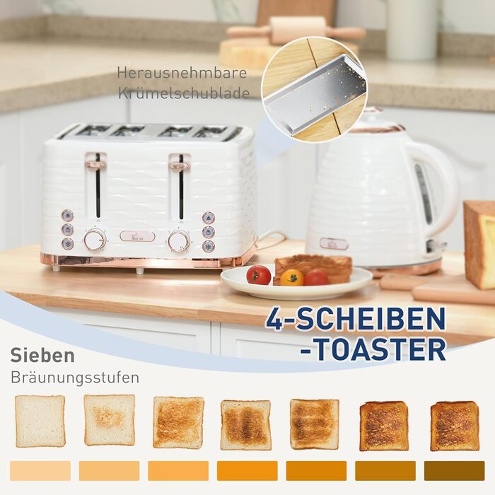 Набір для сніданку HOMCOM Kettle Toaster Set з чайником 1,7 л, тостером на 4 скибочки, 2200 Вт, 7 рівнів підрум&39янення, розморожуванням, розігрівом та лотком для крихт, термостатом Otter, кремово-білим