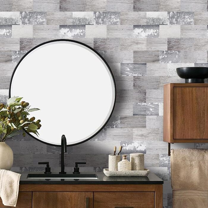 Штучна настінна плитка, самоклеюча панель для кухонного фартуха, тверда ПВХ плитка, клейка плитка для кухні та ванної кімнати (34 x 29 см) (20, бліде дерево)