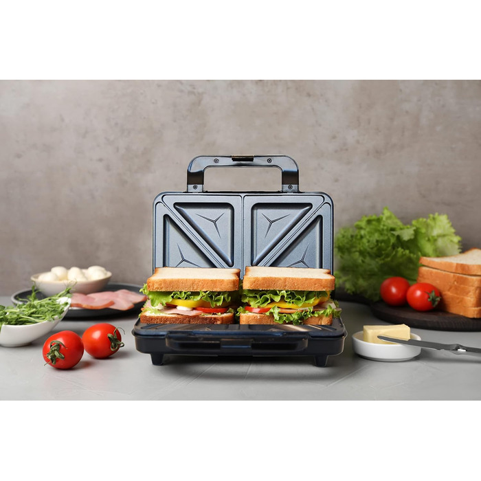 Бутербродниця Bestron XL, тостер для сендвічів з антипригарним покриттям на 2 сендвічі, в т.ч. автоматичний контроль температури та індикатор готовності, 900 Вт, колір чорний/ (сірий титан)