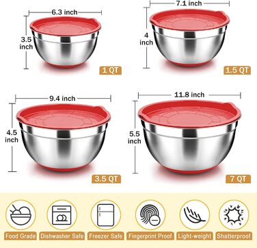 Миски для смешивания Herogo с герметичными крышками, набор из 4 шт., миски для раскладки из нержавеющей стали с подходящими крышками и нескользящим силиконовым основанием, размер 4, 7, 3.5, 1.5, 4 шт. Большие металлические миски для смешивания, (красные)