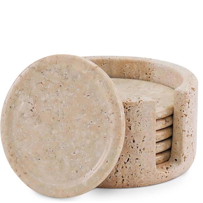 Підставки під напої з мармуру, зелені, 8.9 см, круглі кам'яні підставки для кави, чаю та інших напоїв з тримачем. Ідеальні для кав'ярень, подарунків, обіднього столу та декору дому, набір з 6 шт. (Travertine-SS-RC)