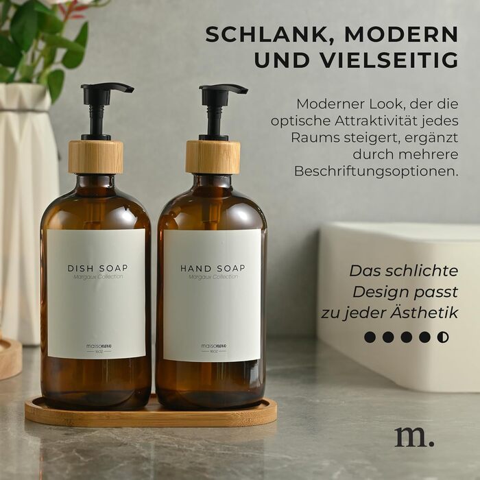 Диспенсер для мила 500 мл, набір 2 предмети на бамбуковій підставці, коричневе скло MaisoNovo