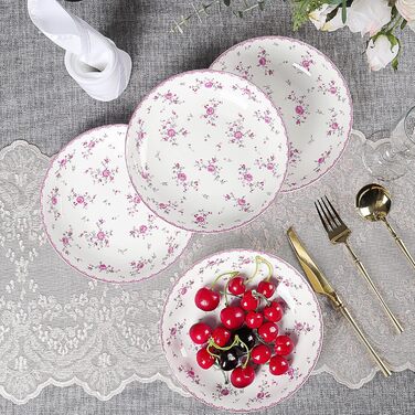 Набір обідніх тарілок fanquare з 4 плоских тарілок з білого порцеляни Ø 275 мм, Royal Vintage, рожеві квіти, для кейтерингу та домашнього використання, обідня тарілка 10,8 дюйма (салатна тарілка 7,9 дюйма)