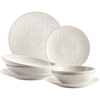 Сучасний вінтажний набір посуду для 2 осіб у мавританському дизайні, столовий сервіз з 8 предметів з тарілками та мисками з високоякісної кераміки, керамограніту, білого кольору купеподібного білого кольору, 935079 Series Tiles