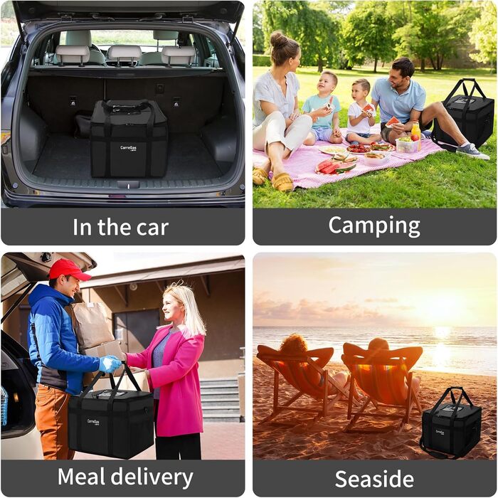 Ізольована харчова сумка, 38 x 38 x 32 см, ідеально підходить для гарячих та холодних страв, піци, ресторанів, доставки додому, індійської/китайської їжі, пікніків, термосумка, чорна