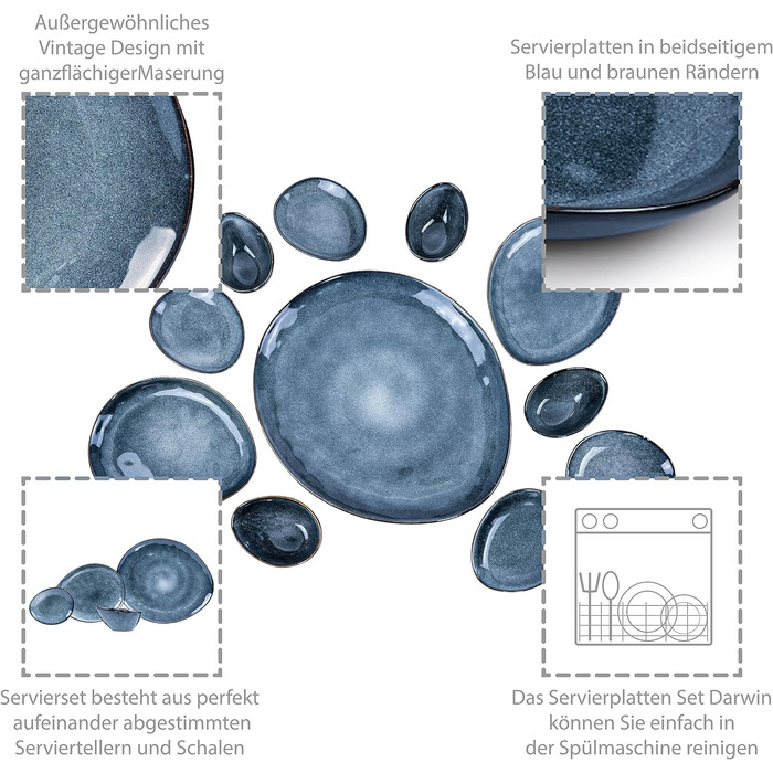 ПЕВЕЦ Столовый сервиз Darwin 12 шт., набор глиняной посуды на 4 персоны, набор тарелок синего цвета, включая обеденную тарелку, десертную тарелку и глубокие тарелки, столовую посуду, набор посуды ручной работы (набор сервировочных блюд 1)