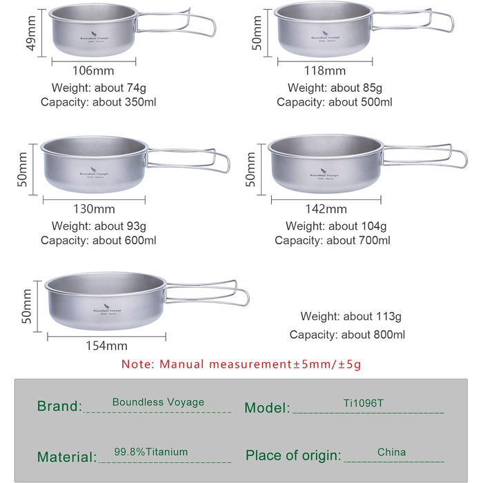 Портативный набор посуды сковородки 350 мл 500 мл 600 мл 700 мл 800 мл. 5 шт. iBasingo