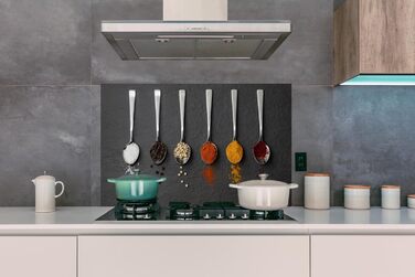 Кухонна панель для фартуха, бризкозахисна панель для кухні, алюмінієва панель, бризкозахисна панель для плити, альтернатива скляній панелі, чорна - з малюнком - суцільна - чорна - темна - (ложка для спецій, 100x65 см)