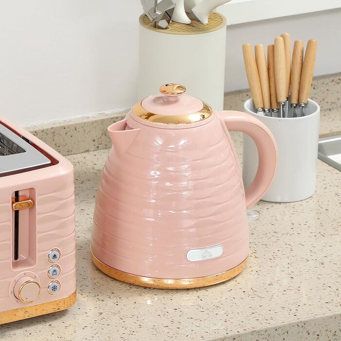 Набір для сніданку HOMCOM Kettle Toaster Set з чайником 1,7 л, тостером на 4 скибочки, 2200 Вт, 7 рівнів підрум&39янення, розморожуванням, розігрівом та лотком для крихт, термостатом Otter, кремово-білим (рожевим)