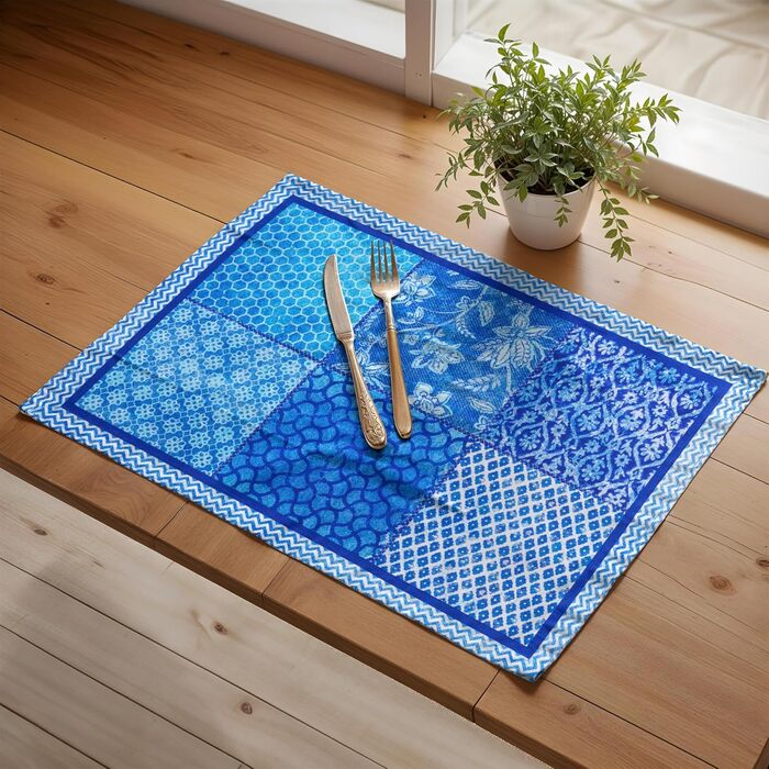 Бавовняні килимки для серветок, набір з 4 шт. , декоративні килимки для серветок, пасхальні килимки, що миються, для свят, вечерь, весни, літа (33 см x 48 см) (021 - Indigo Love), 39Hermine 100