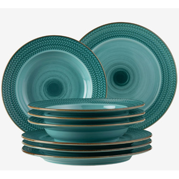 Серия Prospero, обеденный сервиз премиум-класса на 4 персоны в гастрономическом качестве, набор современных тарелок из 8 предметов в уникальном винтажном стиле, синий, прочный фарфорово-бирюзовый сервиз