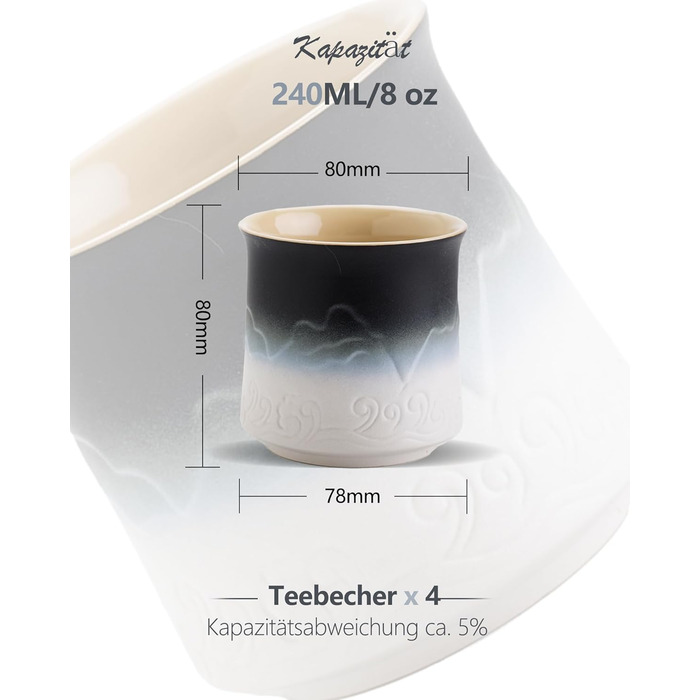 Набір японських чашок ZENS з 4-х, 240 мл естетичні рельєфні японські чашки для чаю матчу, китайська чашка без ручки, традиційна японська чашка, подарунки для любителів чаю, темно-синій (01-чорно-білий)