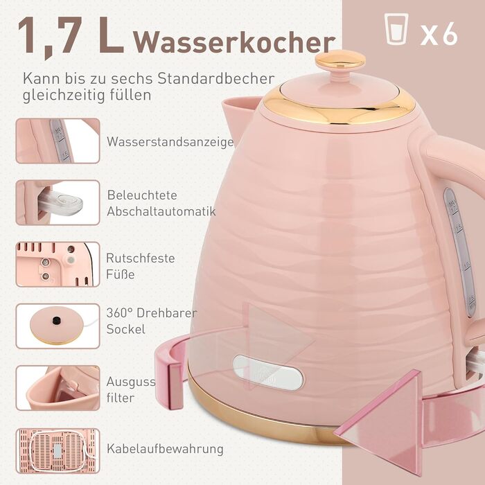 Набір для сніданку HOMCOM Kettle Toaster Set з чайником 1,7 л, тостером на 4 скибочки, 2200 Вт, 7 рівнів підрум&39янення, розморожуванням, розігрівом та лотком для крихт, термостатом Otter, кремово-білим (рожевим)