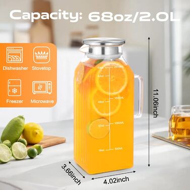 Скляний глечик з кришкою та мірною шкалою 2 л Aofmee