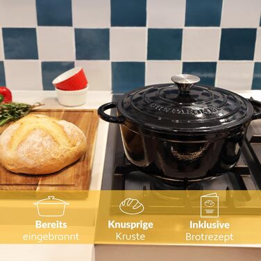 Чавунна каструля Chefarone 24 см, Емальована каструля з кришкою для випікання хліба, тушкування та запікання Хлібна каструля, сумісна з індукцією (чорна, 4,7 л)