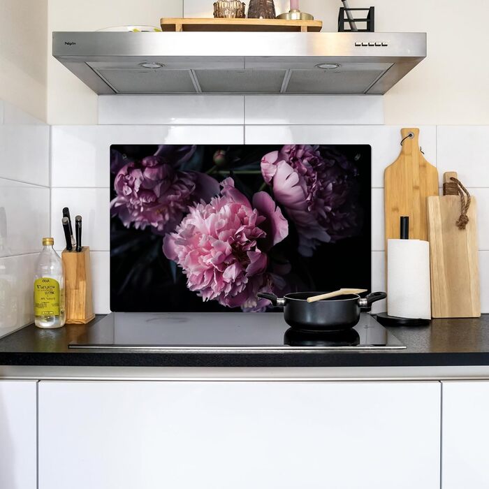 Фартух для плити, кухонний фартух, вініл, 78x52 см, декор для кухні, облицювання стіни, кришка для плити - сіро-чорна (квіти - рожеві, 52Д x 81,2Ш см)