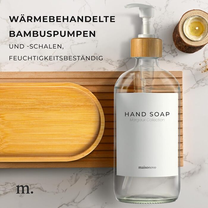 Диспенсер для мила 500 мл, набір 2 предмети на бамбуковій підставці, прозоре скло MaisoNovo