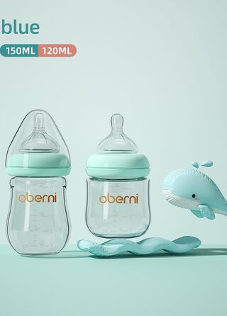 Скляні дитячі пляшечки Oberni з силіконовою соскою, розмір 1, пляшечка для молока з широким горлом, дитяча пляшечка з антиколіковим клапаном для новонароджених від 0 місяців, 150 мл, сині, (синій/2 шт.)
