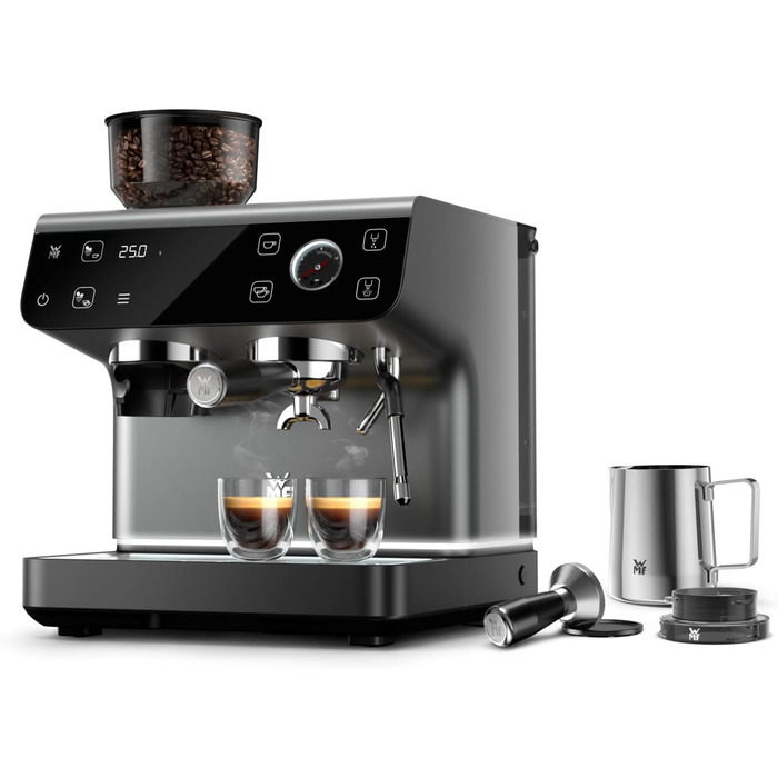 Портафільтрова кавоварка WMF Espresso Pro, напівавтоматична еспресо-машина з кавомолкою, тиск 15 бар, вбудована вага, технологія подвійного термоблоку, швидке нагрівання, колір сірий камінь