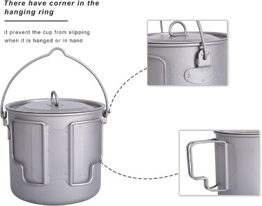Титановый горшок Походная кружка 750 мл / 900 мл / 1100 мл / 1250 мл Подвесной горшок Легкая посуда Портативная кружка для чая и кофе с крышкой и складной ручкой Посуда для питья для пикника на открытом воздухе (Ti3041D-1100 мл Подвесной горшок)