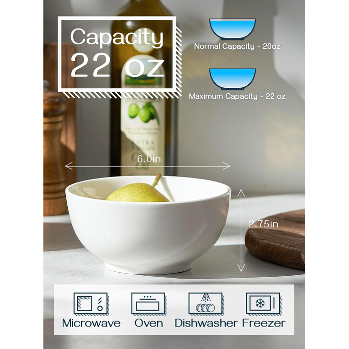 Великі миски для супу DOWAN, миски для пластівців 1100 мл, білі миски для подачі, 18 см, штабельовані керамічні миски для кухні, набір мисок для макаронів, 4 упаковки небиткої кераміки (600 мл, білий набір із 4 шт. )