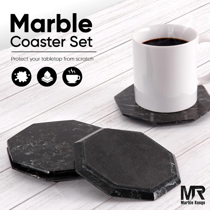 Підставки під чашки з оніксу, 8.9 см, ручної роботи, з підставкою, 6 шт. (Чорні) - для офісу, напоїв, кави, бару та обіднього столу