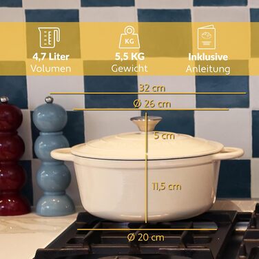 Чавунна каструля Chefarone 24 см, Емальована каструля з кришкою для випікання хліба, тушкування та запікання Хлібна каструля, сумісна з індукцією (вершки, 4,7 л)