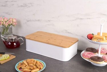 Хлібниця Zeller 25377 з бамбуковою кришкою, метал, матовий, приблизно 42,5 x 23 x 13 см, хлібниця з вентиляційними отворами, для зберігання хліба, прямокутний контейнер для хліба, проста хлібниця в сучасному дизайні (біла, 42,5 x 23 x 13 см)