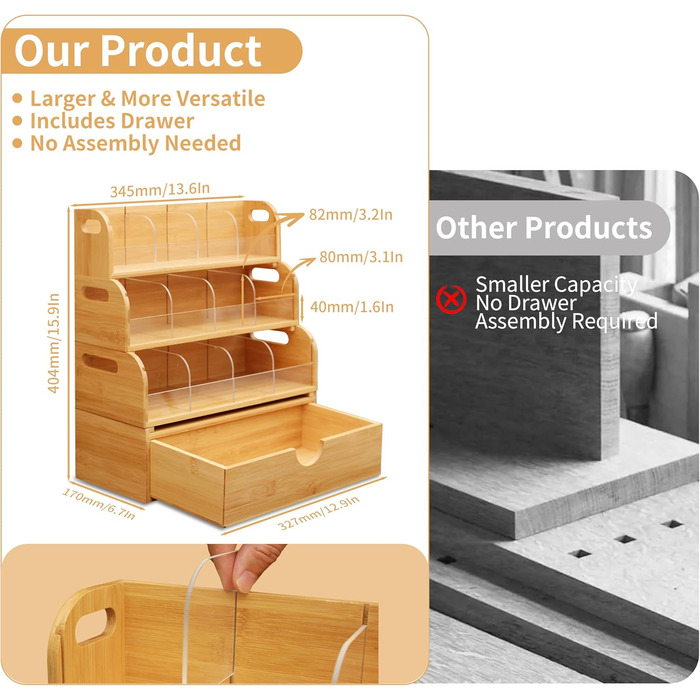 Шаровий органайзер для чайних пакетиків з бамбука з 3 полицями, що штабелюються, та 1 шухлядою, попередньо зібрана коробка для зберігання чайних пакетиків, кавових капсул, підсолоджувачів, спецій на кухні чи в офісі, 4-