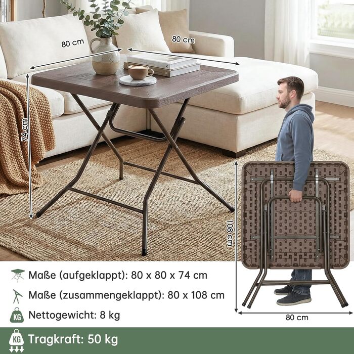 Розкладний стіл 80x80x74 см коричневий LIFERUN