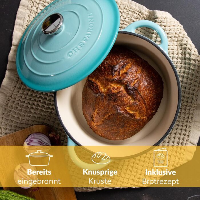 Чавунна каструля Chefarone 24 см, Емальована каструля з кришкою для випікання хліба, тушкування та запікання Індукційна каструля для хліба (синя, 4,7 л)