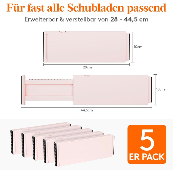 Набір роздільників ящиків Lifewit er пластик (28-44.cm), регульований органайзер для одягу, система організації шухляд шафи для спальні / комода / кухні / офісу для організації (5, рожевий)