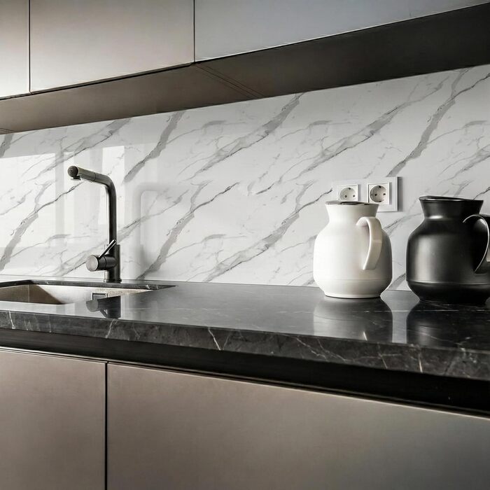 Стінові панелі IZODEKOR під мармур 60x120 см Панель для кухонного фартуха ПВХ-облицювання стін для кухні, ванної кімнати Бризкозахисний екран для кухні Водонепроникний та термостійкий ( панель, новий колір Ice Berg Grey)