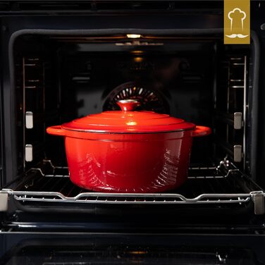 Чавунна каструля Chefarone 24 см, Емальована каструля з кришкою для випікання хліба, тушкування та запікання Хлібна каструля, сумісна з індукцією (червона, 4,7 л)