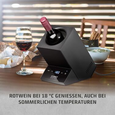 Охолоджувач для вина, розрахований на одну пляшку, з температурним режимом 5-18C, для пляшок діаметром до 9 см, сенсорне керування, корпус з нержавіючої сталі чорного кольору.