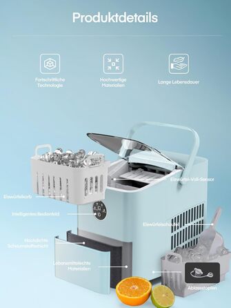 Льодогенератор FOHERE 14 кг 24 години, 8 кубиків льоду за 6 хвилин, 2 розміри кубиків льоду, самоочисний льодогенератор з ручкою, льодосборником та кошиком, льодогенератор для вечірки, офісу, будинку на колесах (BabyBlue)