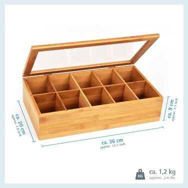 Бамбукова чайна коробка GRWE з 10 відділеннями, кришкою на петлях, оглядовим віконцем, коробка для чайних пакетиків для зберігання чаю з захистом від аромату - 36 x 20 x 9 см Бамбук, велика - 10 відділень