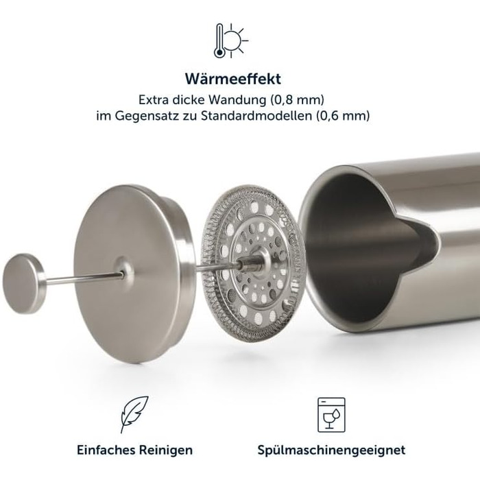 Френч-прес Blumtal з нержавіючої сталі 350 мл (2 чашки) - Двостінна ізольована термокавоварка з мірною шкалою, включаючи змінний фільтр та інструкцію, можна мити в посудомийній машині, доступна в 3 розмірах. Місткість кави 350 мл