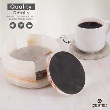 Мармурові підставки під напої, зелені, 8,9 см, круглі, кам'яні підставки з тримачем ідеальні підставки для кав'ярень, подарунків, обіднього столу та декору для дому, набір з 6 шт. (Білий онікс)