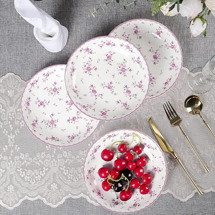Набір обідніх тарілок fanquare з 4 плоских тарілок з білого порцеляни Ø 275 мм, Royal Vintage, рожеві квіти, для кейтерингу та домашнього використання, обідня тарілка 10,8 дюйма (салатна тарілка 7,9 дюйма)