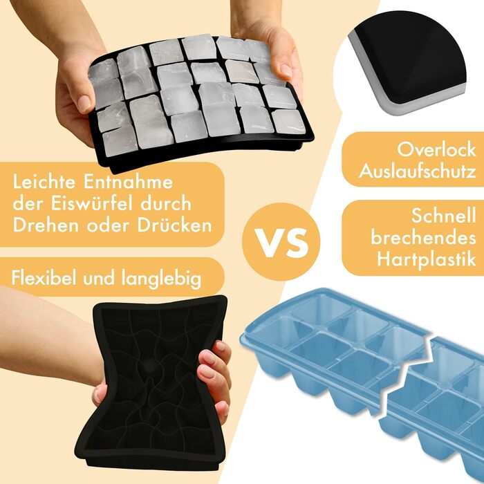 Силіконові формочки для льоду Blumtal, набір з 3 шт. - форма для льоду на 24 кубики з кришкою - силіконова форма для льоду без бісфенолу А - форма для льоду, безпечна для харчових продуктів - сіро-блакитна великі кубики (чорна, великі кубики)