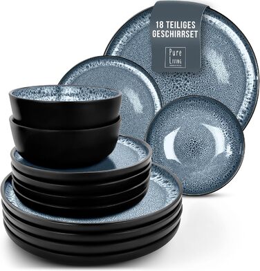 Набір посуду з керамограніту 6 персон Ibiza 24 шт. - Середземноморський набір посуду, посудомийна машина, мікрохвильова піч і захист від подряпин - Набір мисок і тарілок - Посуд Pure Living Black в димчасто-блакитному кольорі (набір з 18 предметів)