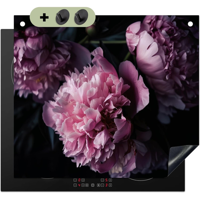 Фартух для плити, кухонний фартух, вініл, 78x52 см, декор для кухні, облицювання стіни, кришка для плити - сіро-чорна (квіти - рожеві, 52Д x 60Ш см)