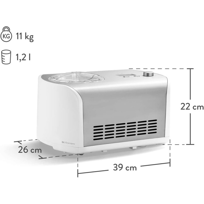 Морожениця SPRINGLANE Elli 1,2 л з самоохолоджуючим компресором 135 Вт з допоміжним контейнером з нержавіючої сталі, машина для морозива з нержавіючої сталі зі знімним контейнером для морозива, в т.ч. буклет з рецептами (морожениця контейнер для зберіганн