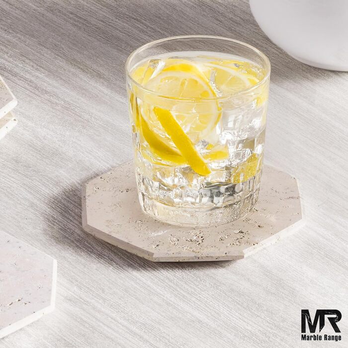 Підставки під чашки з мармуру з підставкою, 8.9 см, з оніксу, ручної роботи, для офісу, напоїв, кави та бару, на обідній стіл, набір з 6 шт. (Травертин)