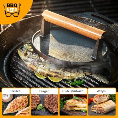 Чавунний прес для м'яса 18 см з дерев'яною ручкою, круглий BBQ Nerd