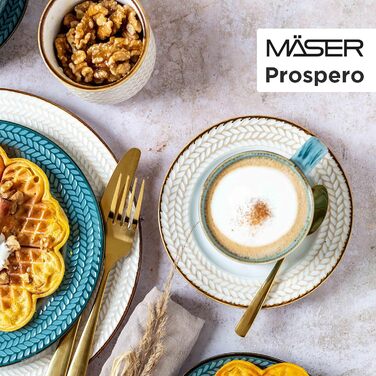 Серія Prospero, вечеря преміум-класу для 4 осіб у гастрономічній якості, сучасний набір тарілок із 8 предметів в унікальному вінтажному стилі, синій, міцний порцеляновий бірюзовий сервіз